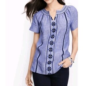 Talbots Linen Blend Blue Embroidered Pullover Tunic Top Size XL Boho Coastal